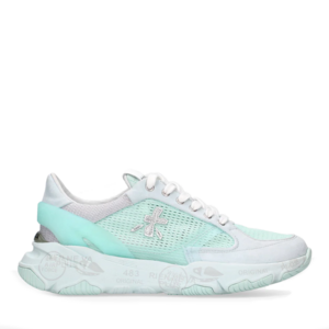 Premiata women Buff Ly sneakers in white and turquoise genuine leather 1695DPF6198TU